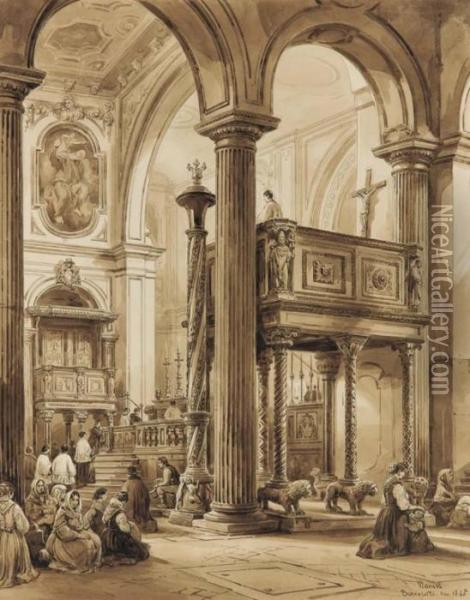 Interno Del Duomo di Benevento - 1845 Oil Painting - Achille Vianelli