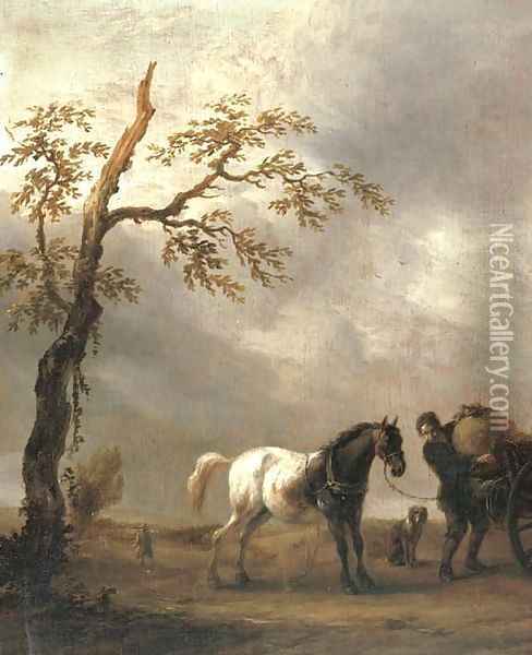 A horse stalling with a peasant loading a cart in a landscape Oil Painting - Philips Wouwerman
