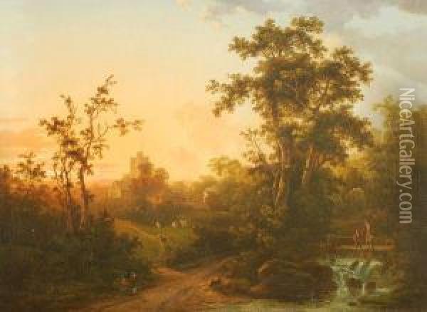 Figures In A Landscape With A Church Beyond Oil Painting - Abraham Pether