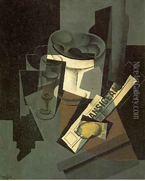 Fruit Dish Glass And Lemon Still Life With Newspaper Oil Painting - Juan Gris