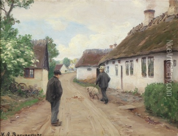 Village Scene With A Farmer And His Pig Oil Painting - Hans Andersen Brendekilde