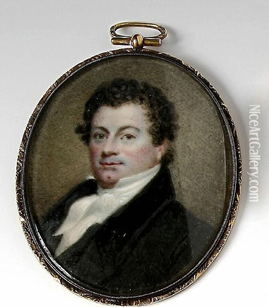 A Portrait Miniature Of A Gentleman Wearing Black Coat With High Collar, And White Stock, Oval Oil Painting - Thomas Hargreaves