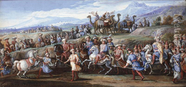 A Pair Of Cavalry Battle Scenes Oil Painting - Salomon Kleiner