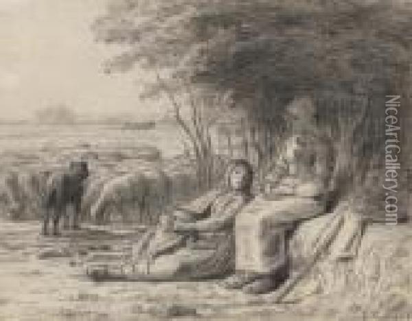 Two Shepherdesses And Their Flock Oil Painting - Jean-Francois Millet