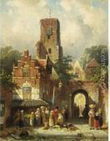Figures By A Market Stall Oil Painting - Charles Henri Leickert