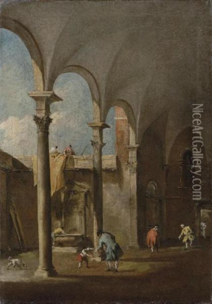 A Capriccio Of An Arcade In A Courtyard, With A Man Talking To Aboy And Other Figures Oil Painting - Francesco Guardi
