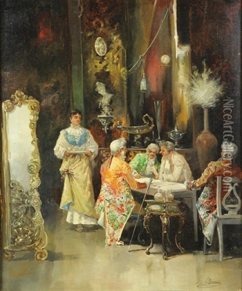 Parlor Scene With Figures Playing Cards Oil Painting - Luis Alvarez Catala