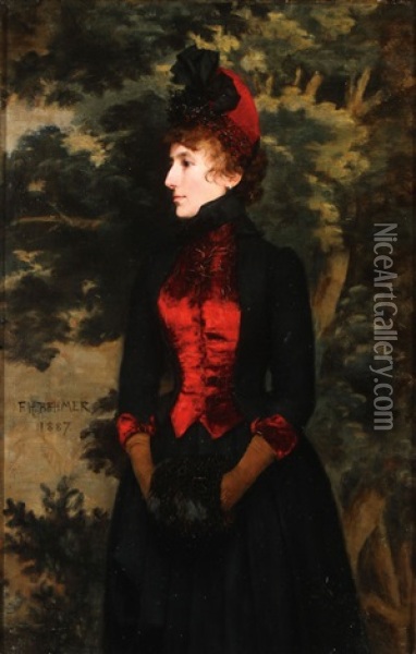 Portrait Of A Finely Dressed Woman With Velvet Vest And Fur Muff Oil Painting - Hermann Fenner-Behmer
