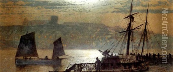 Moon, Gas And Starlight, Whitby Oil Painting - John Atkinson Grimshaw