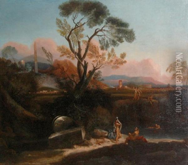 Paesaggio Laziale Con Figure Al Bagno Oil Painting - Jan Frans Van Bloemen (Orizzonte)