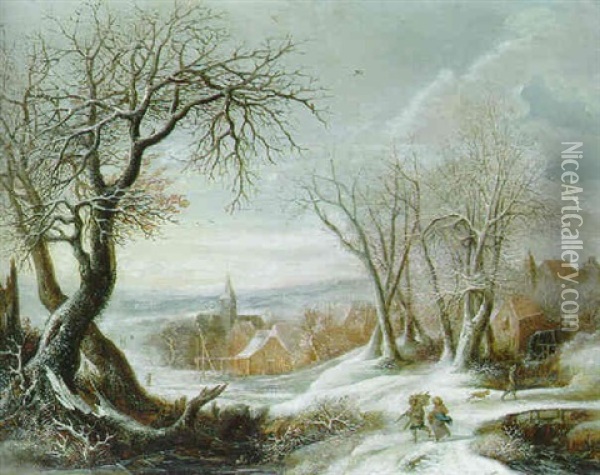 A Winter Landscape With Peasants, A Village Beyond Oil Painting - Gysbrecht Leytens
