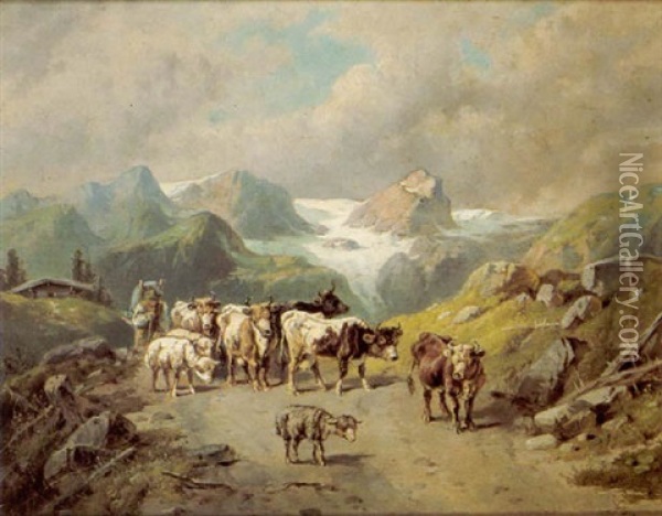 Almauftrieb Im Hintergrund Der Dachstein Oil Painting - August Gerasch