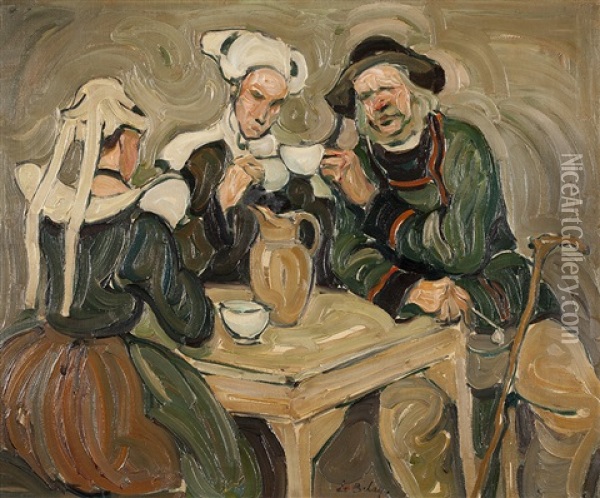 Bretons Attables Oil Painting - Pierre De Belay