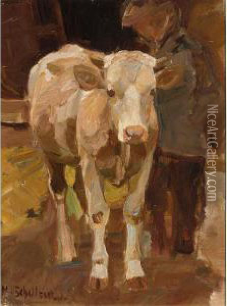 A Cow And Peasant In A Stable Oil Painting - Max Von Schellerer