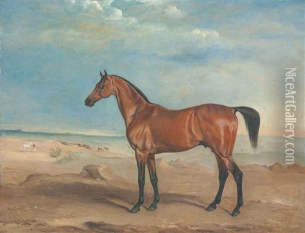 The Arab Stallion Orelio In A Desert Landscape, Other Horses And Figures Beyond Oil Painting - John E. Ferneley