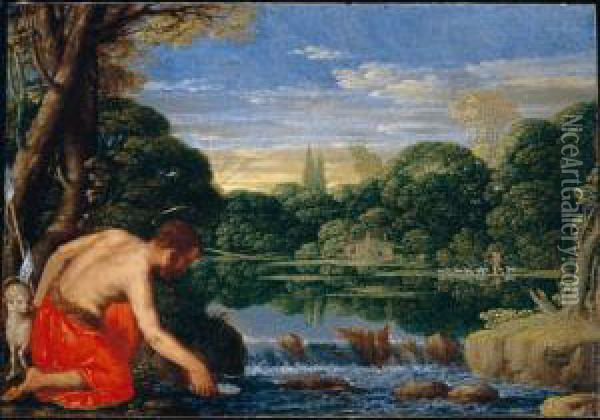 A Wooded River Landscape With Saint John The Baptist Oil Painting - Johann Konig