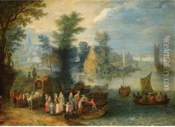 An Extensive River Landscape With Boats By A Village And Travellerson The River Bank Oil Painting - Joseph van Bredael