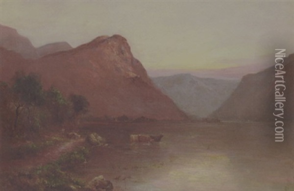 Bjerglandskab Med Koer, Der Vandes I En Flod. Aftenstemning Oil Painting - Gustave de Breanski