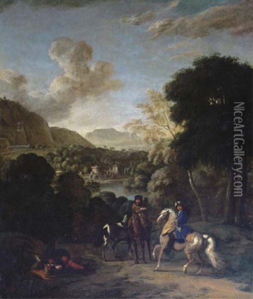 A Hawking Party In A Wooded Landscape With A Villa By A Lake Beyond Oil Painting - Dirk Maes