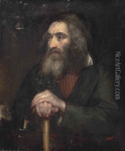 Portrait Of A Polish Jew, Half-length, In A Black Coat, His Hands Resting On A Cane Oil Painting - Margaret Sarah Carpenter