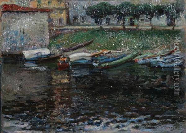 Barche Sulla Riva Del Lago Maggiore Oil Painting - Andrea Tavernier