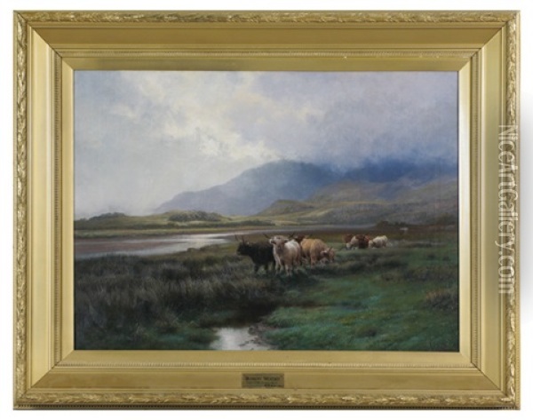 Showery Weather - Highland Cattle Crossing A Marsh Oil Painting - Harald R. Hall