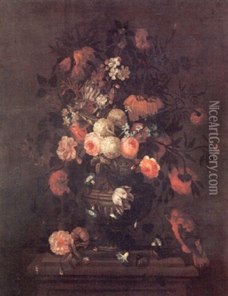 Crown Imperial Lilies, Roses, Morning Glory, Snowballs,     Narcissus, Tulips, Carnations, And Other Flowers In A Vase Oil Painting - Jean-Baptiste Monnoyer