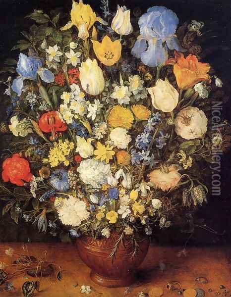 Bouquet of Flowers in a Ceramic Vase Oil Painting - Jan The Elder Brueghel