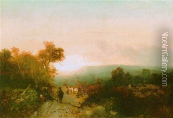 Travellers Resting In A Hilly Landscape Oil Painting - Charles Rochussen