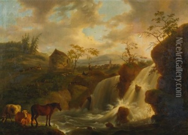 A Horse And Cows By A Rushing River Oil Painting - Jean-Baptiste De Roy
