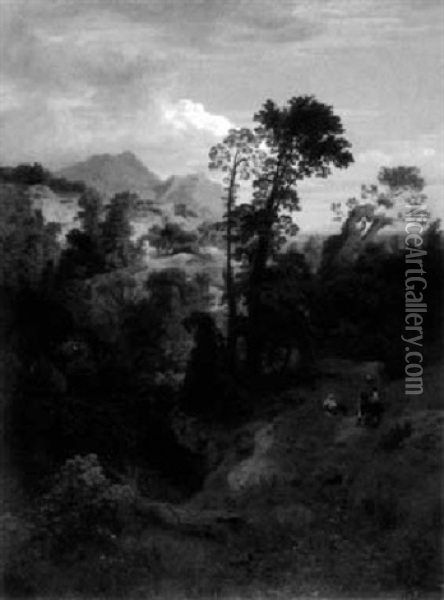 Rastende In Bergiger Landschaft An Der Kuste Von Sorrent Mit Blick Auf Capri Oil Painting - Andreas Achenbach