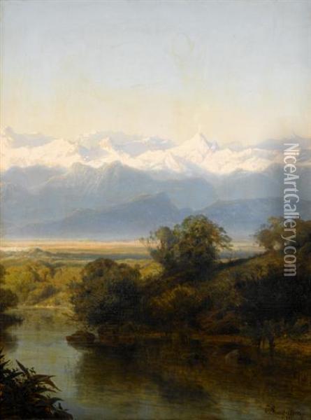 Landscape With Volcano Oil Painting - Joseph Kuwasseg Carl
