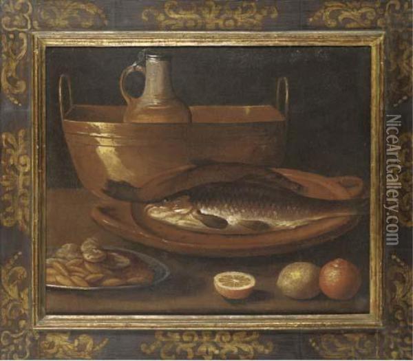 Fish On An Earthenware Platter, A Pitcher In A Copper Urn, A Dishof Nuts, With Oranges And A Lemon On A Ledge Oil Painting - Alejandro De Loarte