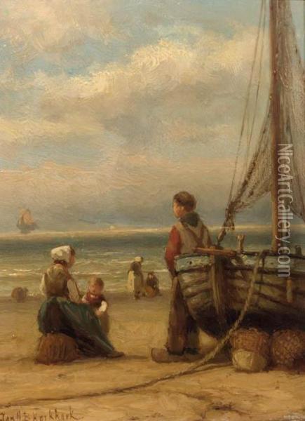 Fisherfolk On The Beach Oil Painting - Johannes Hermann Barend Koekkoek