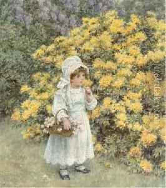 A Little Girl Carrying A Basket Of Flowers Before An Azaleabush Oil Painting - Caroline Paterson