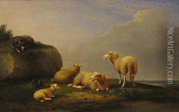 Sheep In A Landscape With A Dog Nearby Oil Painting - Franz van Severdonck