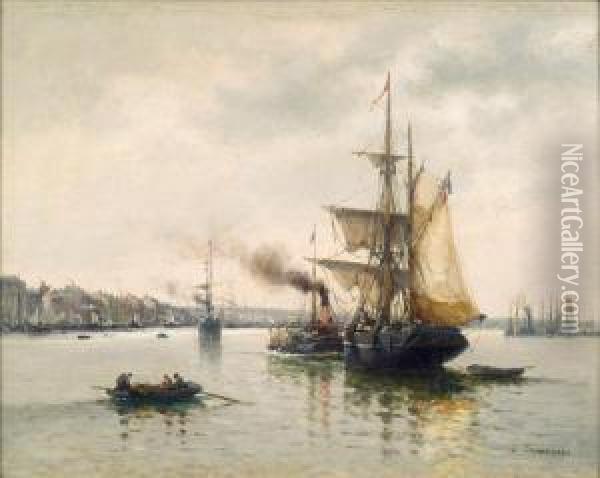Etienne Bateaux Dans Le Port Huile Sur Panneau Signee En Bas A Droite Oil Painting - Louis Timmermans