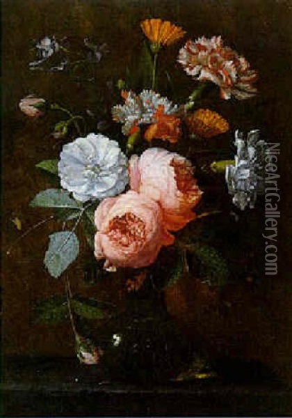Still Life Of Roses, Carnations And Other Flowers In A Glass Vase Oil Painting - Jan Pauwel Gillemans the Younger