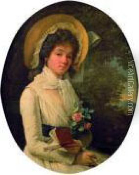 Portrait De Jeune Femme En Robe Blanche Sur Fond De Paysage Oil Painting - Marie-Victoire Lemoine