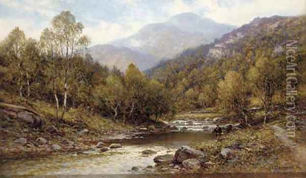 An angler on the bank of a river Oil Painting - Alfred Glendening