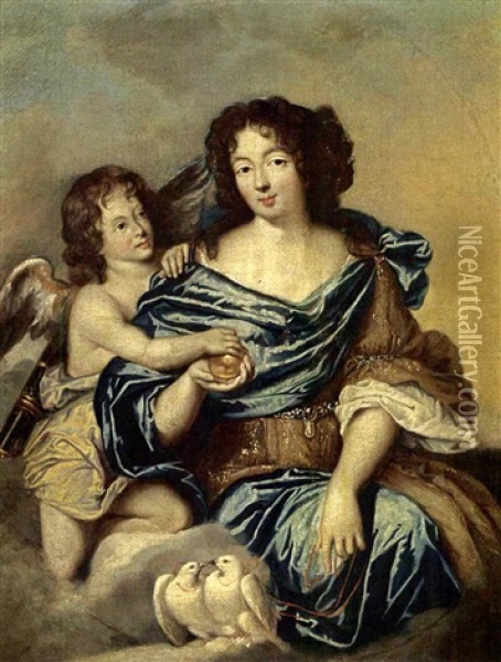 A Portrait Of A Lady As Venus, Wearing A Blue Satin Dress With A Gold And White Shawl, Holding Paris's Apple, Together With Cupid And Two Doves In The Foreground Oil Painting - Pierre Mignard the Elder