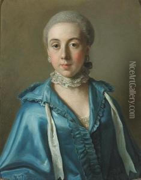 A Portrait Of A Lady With A Blue Dress And Lace Collar Oil Painting - Etienne Liotard