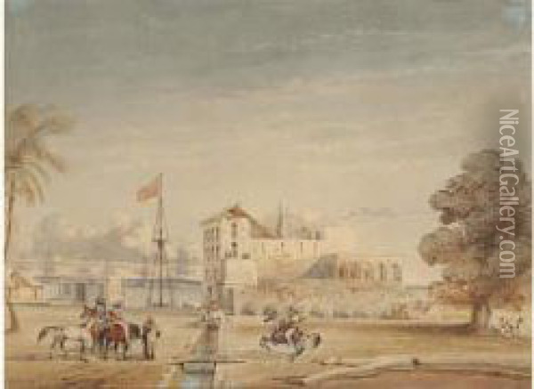 Des Cavaliers Dans Un Port Oriental, Une Armada En Arriere
 Plan Oil Painting - Louis Lebreton