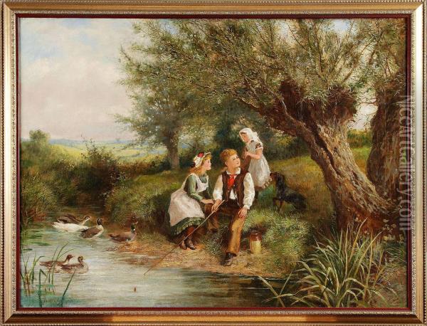 Lekande Barn Vid Vattendrag Oil Painting - James Guthrie