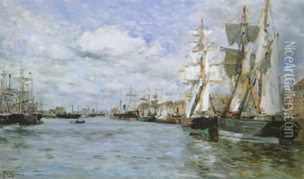 View Of The Harbour Of Bordeaux Oil Painting - Edmond Marie Petitjean