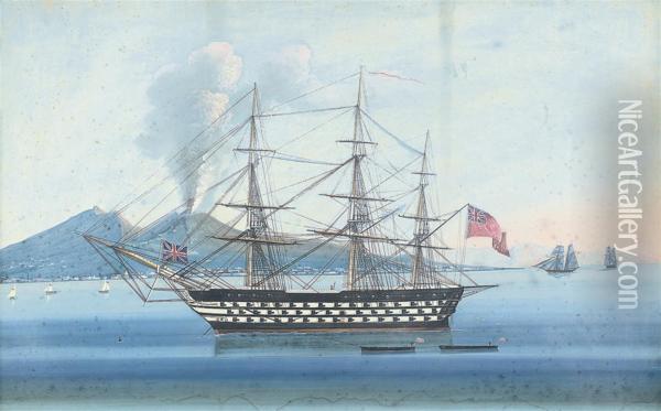 An English Royal Naval Three-decker Lying At Anchor In The Bay Of Naples Oil Painting - Michele Funno