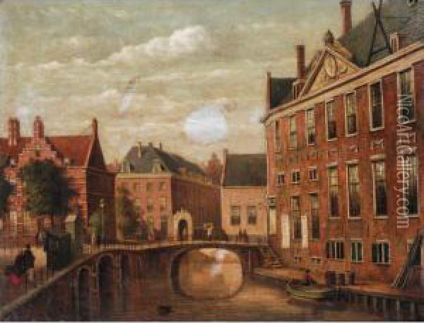 View Along A Dutch Canal Oil Painting - Oene Romkes De Jongh