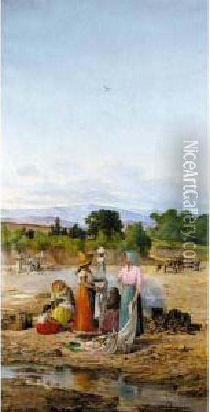 Mexican Figures Washing Clothes By A Stream Oil Painting - Francisco Amerigo Rouvier