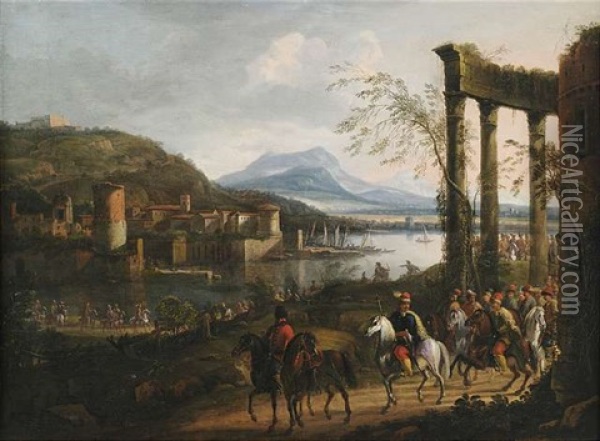 Weite Italienisierende Flusslandschaft Mit Ruinen, Hafenanlage Und Grosem Reiterzug Oil Painting - Willem Van Bemmel