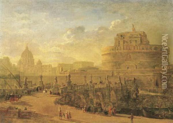 Rome, With The Ponte Sant'angelo, The Castel Sant'angelo And Saint Peter's Beyond Oil Painting - (circle of) Wittel, Gaspar van (Vanvitelli)